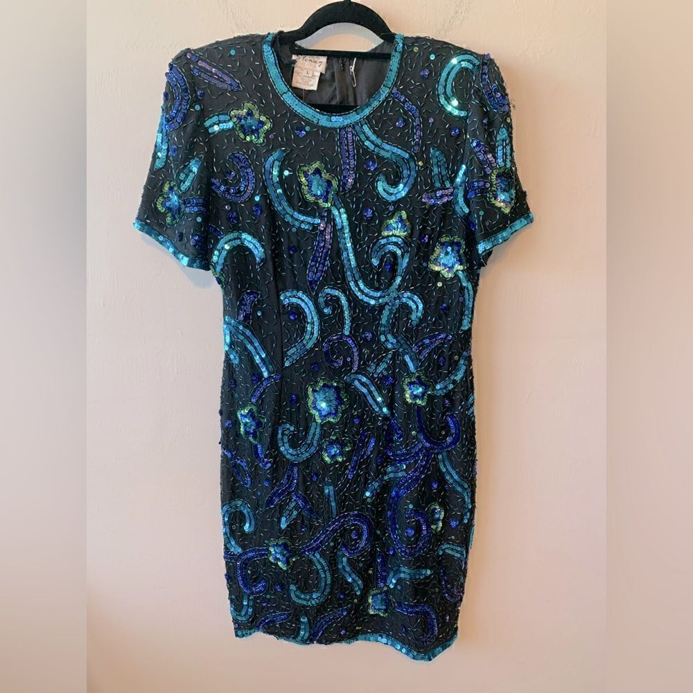 Sténay Vintage blue silk sequin/ beaded sheath dress size L